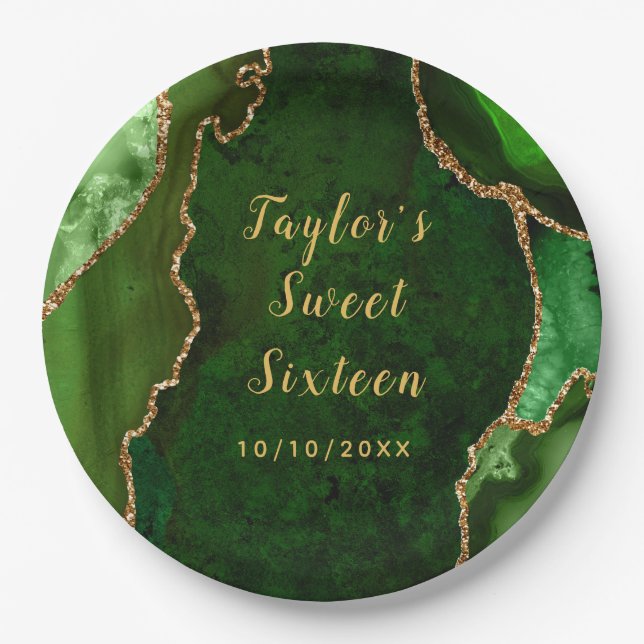 Green and Gold Agate Marble Sweet Sixteen Paper Plates (Front)
