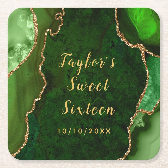 Green and Gold Agate Marble Sweet Sixteen Square Paper Coaster (Front)