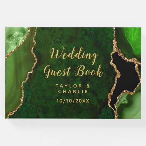 Green and Gold Agate Marble Wedding Guest Book