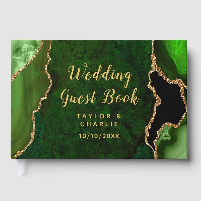 Green and Gold Agate Marble Wedding Guest Book (Front)