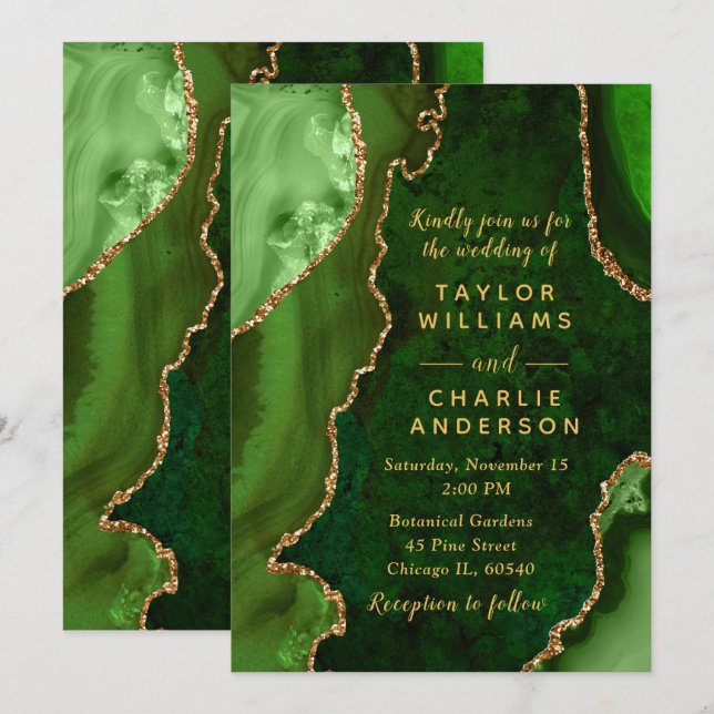 Green and Gold Agate Marble Wedding Invitation (Front/Back)
