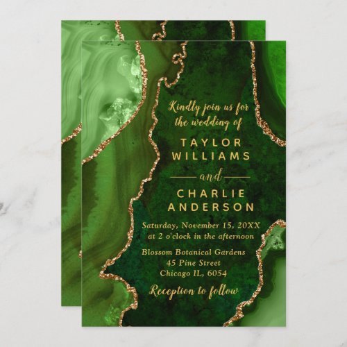 Green and Gold Agate Marble Wedding Invitation