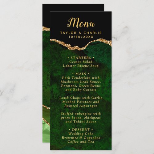 Green and Gold Agate Marble Wedding Menu