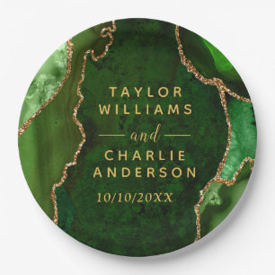 Green and Gold Agate Marble Wedding Paper Plates
