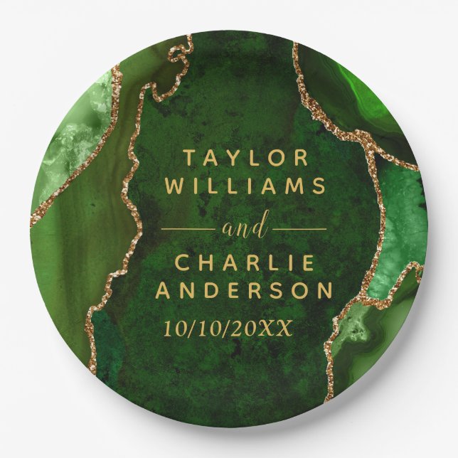 Green and Gold Agate Marble Wedding Paper Plates (Front)
