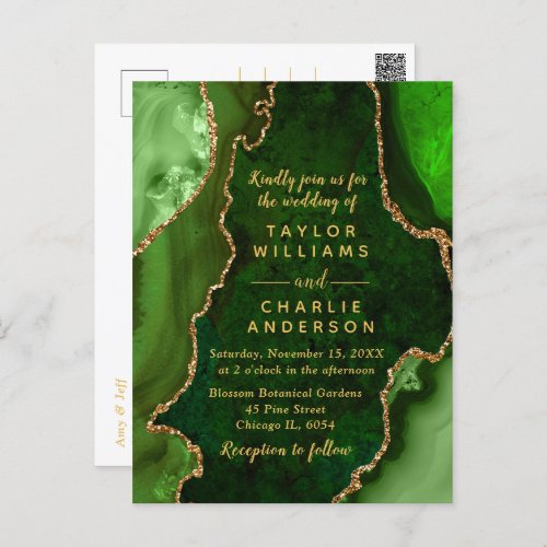 Green and Gold Agate Marble Wedding Postcard