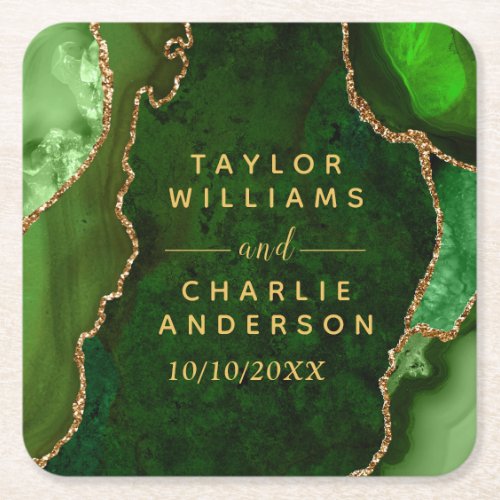 Green and Gold Agate Marble Wedding Square Paper Coaster