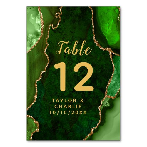 Green and Gold Agate Marble Wedding Table Number