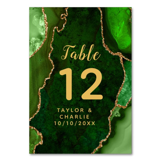 Green and Gold Agate Marble Wedding Table Number (Front)