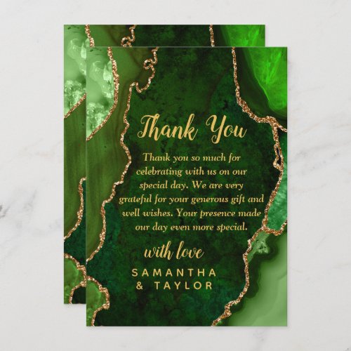 Green and Gold Agate Marble Wedding Thank You Card