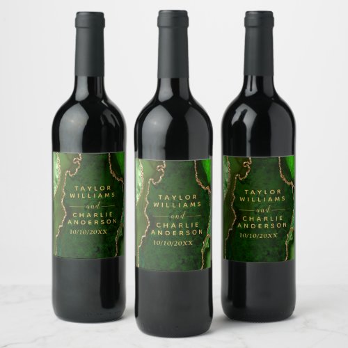 Green and Gold Agate Marble Wedding Wine Label