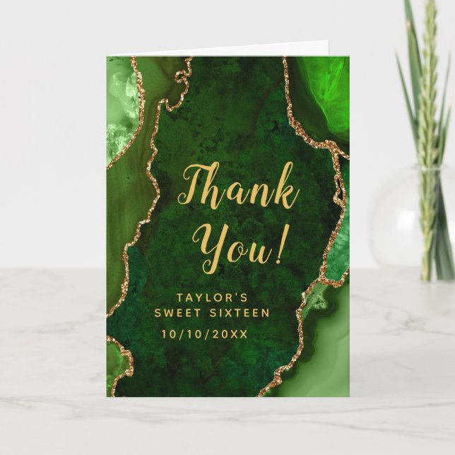 Green and Gold Agate Sweet Sixteen Thank You Card (Front)