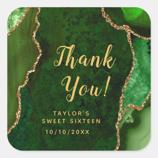 Green and Gold Agate Sweet Sixteen Thank You Square Sticker (Front)