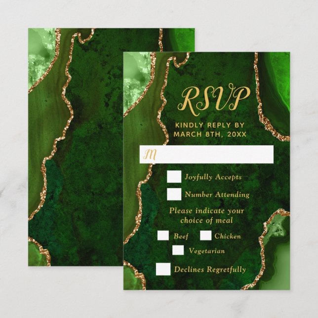 Green and Gold Agate Wedding Meal Choice RSVP Card (Front/Back)