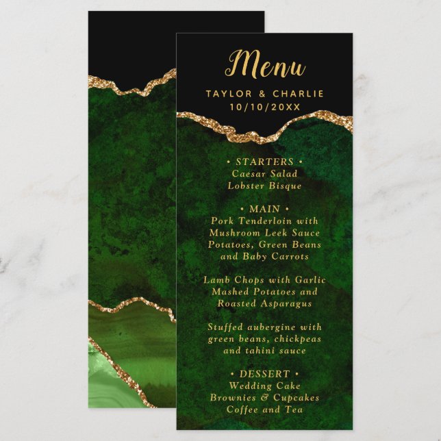 Green and Gold Agate Wedding Menu (Front/Back)