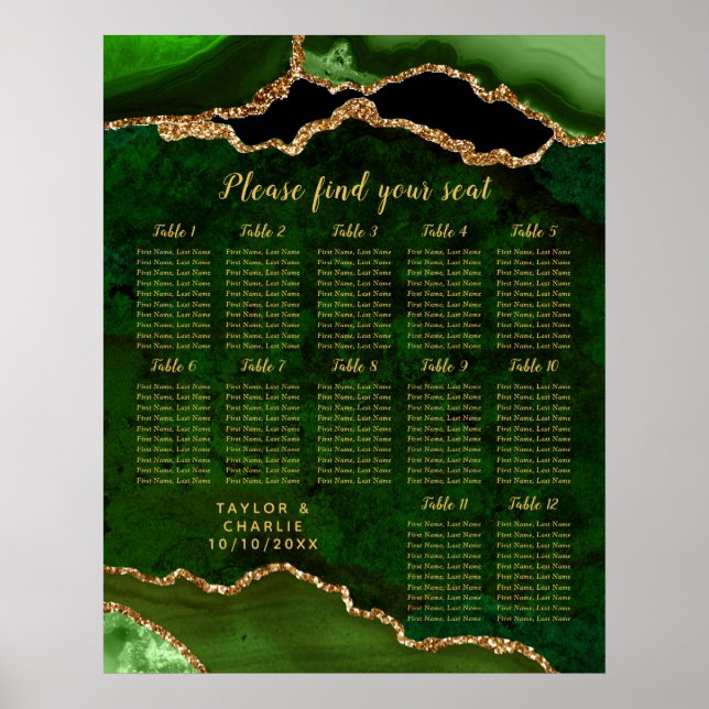 Green and Gold Agate Wedding Seating Chart (Front)