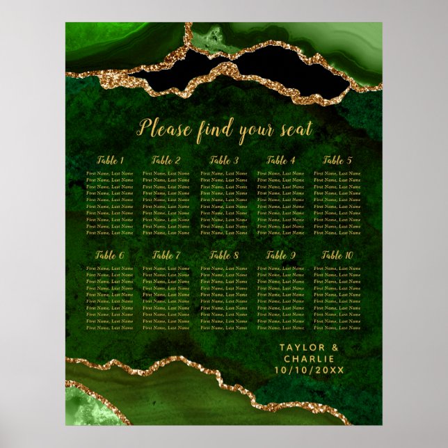 Green and Gold Agate Wedding Seating Chart (Front)