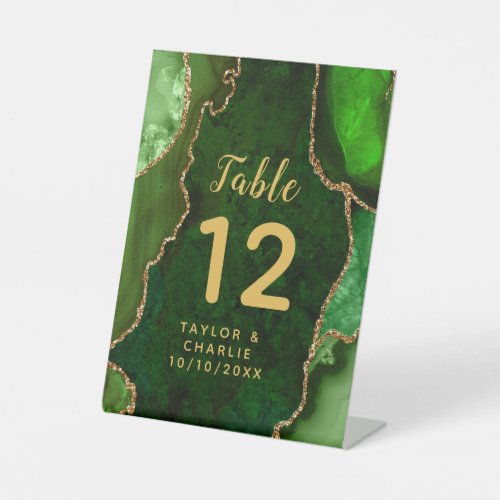 Green and Gold Agate Wedding Table Number Pedestal Sign