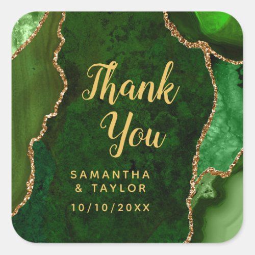 Green and Gold Agate Wedding Thank You Square Sticker