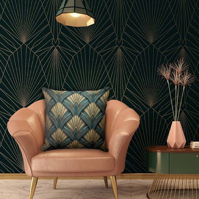 Green and Gold Art Deco Fan Throw Pillow (Creator Uploaded)