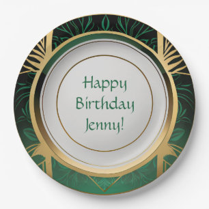 Green and Gold Art Deco Paper Plates Personalized