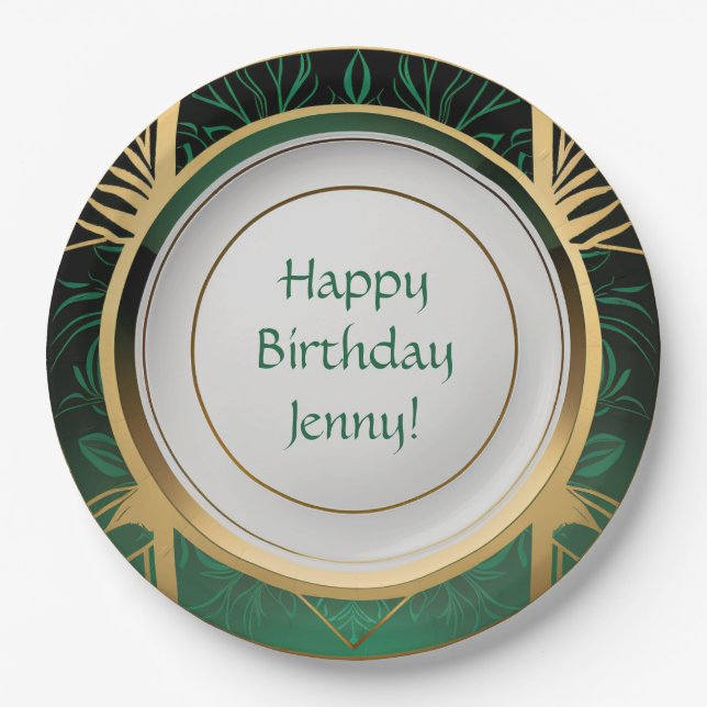 Green and Gold Art Deco Paper Plates Personalized (Front)