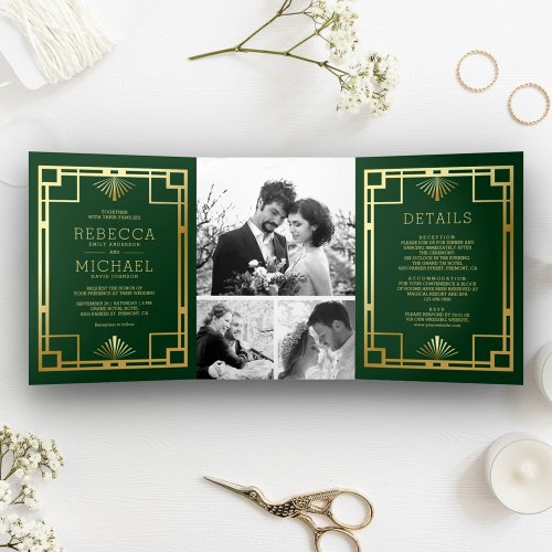 Green and Gold Art Deco Photo Collage Wedding Tri_Fold Invitation