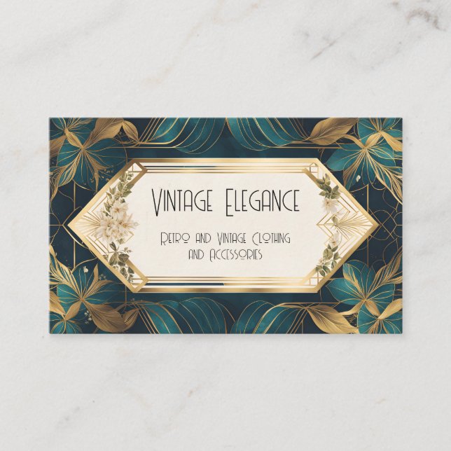 Green and Gold Art Deco Ribbons and Leaves Business Card (Front)