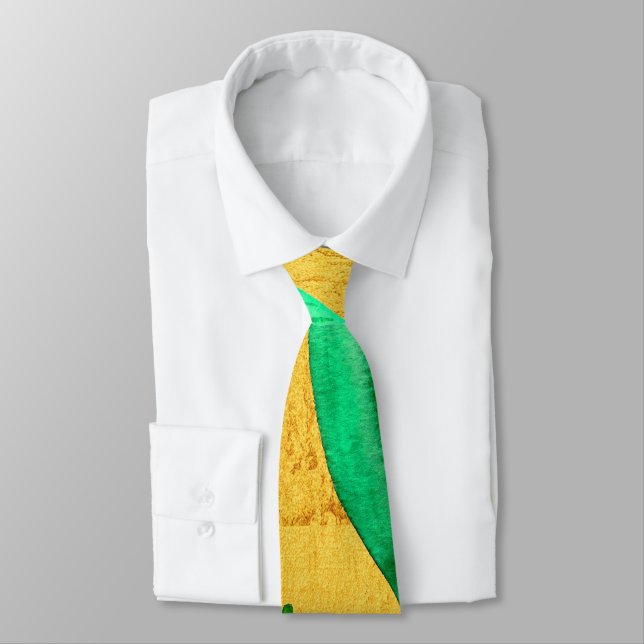 Green and gold arty leaves neck tie (Tied)