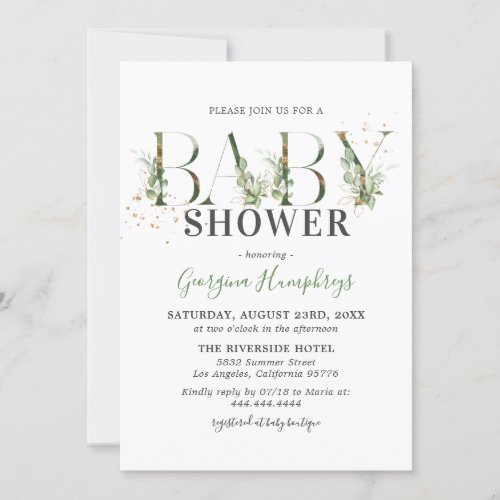 Green and Gold Baby Shower Invitation - Elegant natural botanical greenery baby shower invitation featuring a stylish white background that can be changed to any color, beautiful rustic watercolor green foliage, gold glitter accents, and a couples baby shower celebration template that is easy to personalize.