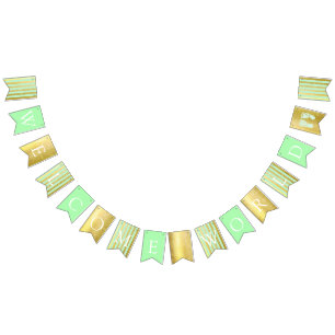 Green and Gold Baby Shower Welcome World Footprint Bunting Flags