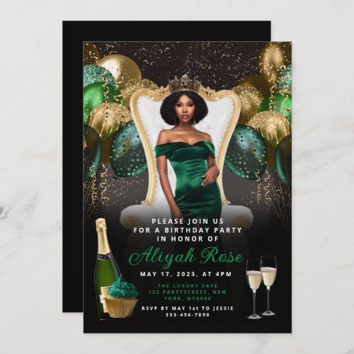 Green and Gold Balloons Royal Birthday Invitation