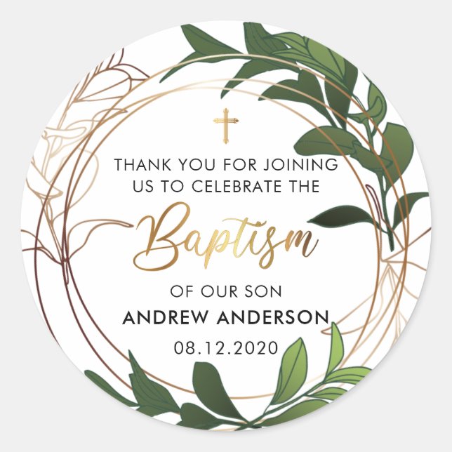 Green And Gold Baptism Thank You Classic Round Sticker (Front)
