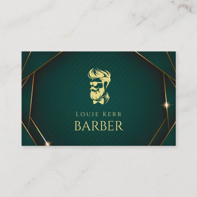 Green And Gold Barbershop  Business Card (Front)
