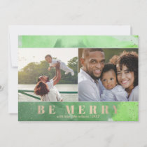 Green and Gold Be Merry Abstract Multiple Photo H Holiday Card