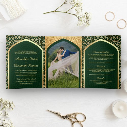 Green and Gold Bollywood Style Indian Wedding Tri_Fold Invitation