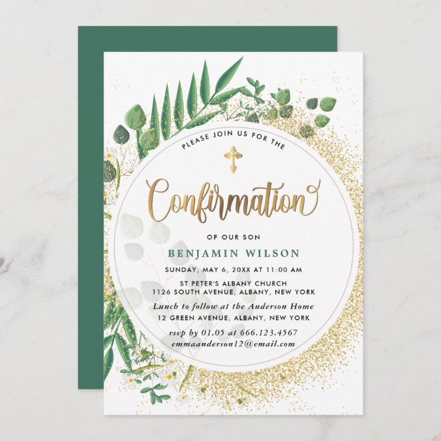 Green And Gold Botanical Confirmation Invitation (Front/Back)