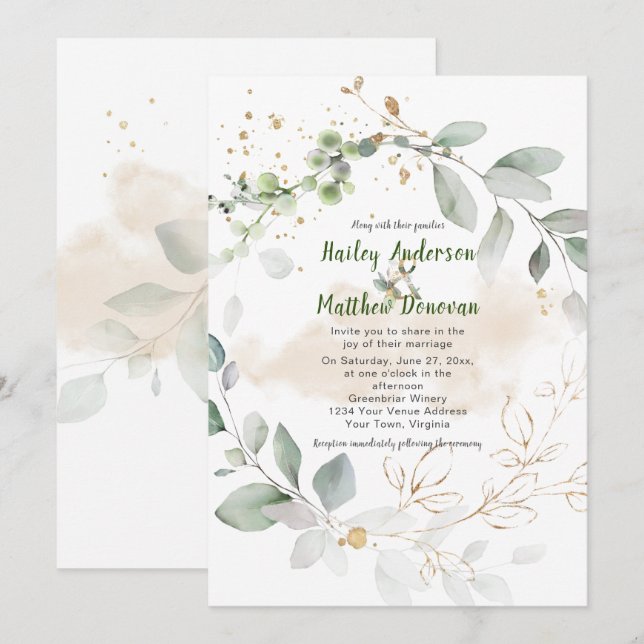 Green and Gold Botanical Greenery Wedding | Invitation (Front/Back)