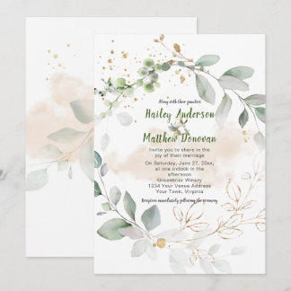 Green and Gold Botanical Greenery Wedding | Invitation