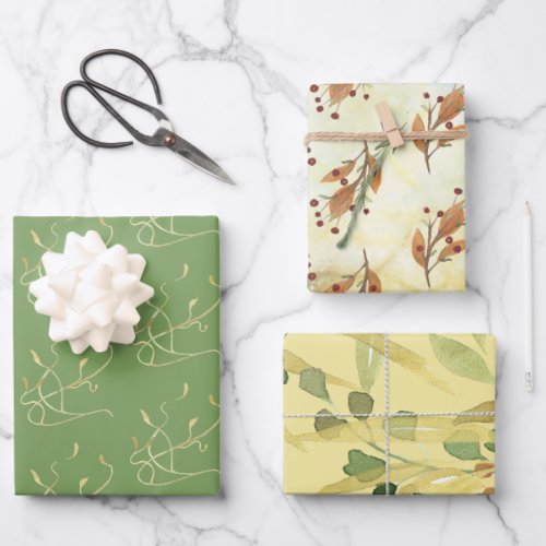 Green and Gold Botanical Watercolor Assorted Wrapping Paper Sheets