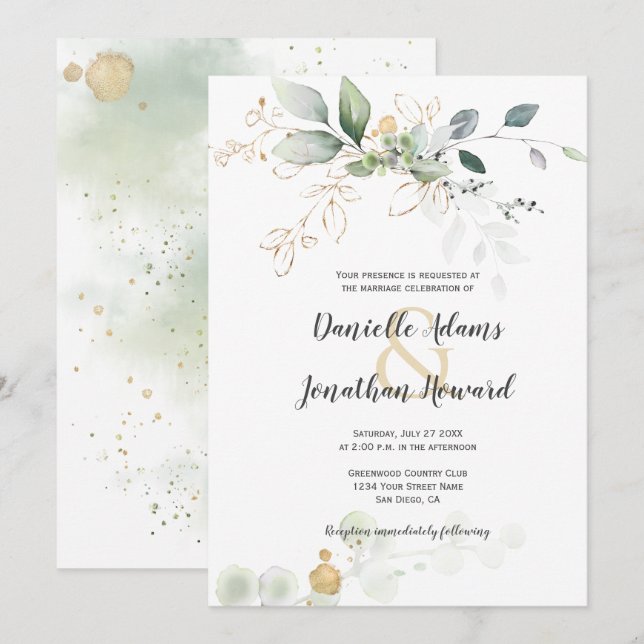 Green and Gold Botanicals Gold Sparkles Wedding Invitation (Front/Back)
