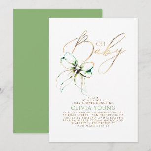 Green and Gold Bow Gender Neutral Baby Shower Invitation