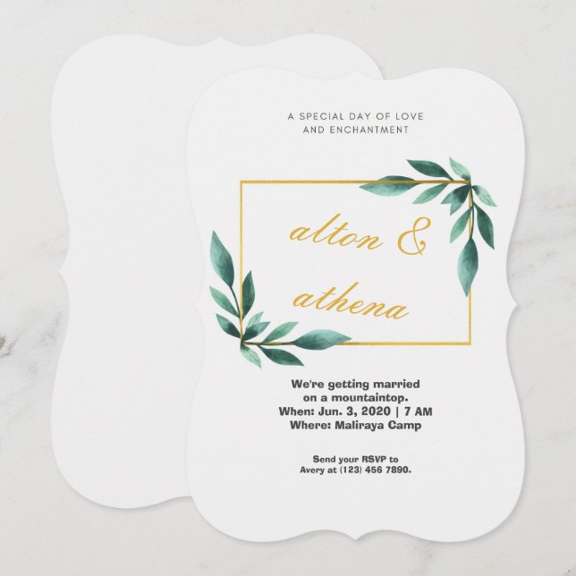 Green and Gold Box Border Geometric Floral Invitation (Front/Back)