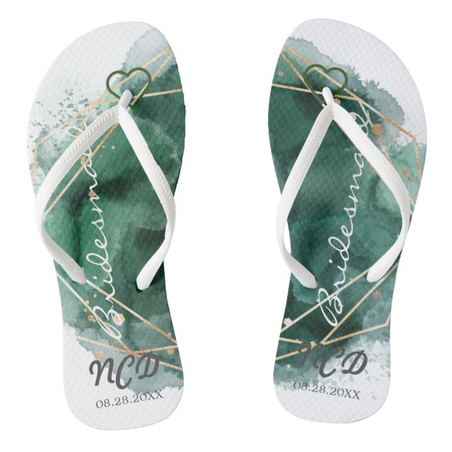 Green and Gold Bridesmaid Favor Monogram Flip Flops (Footbed)