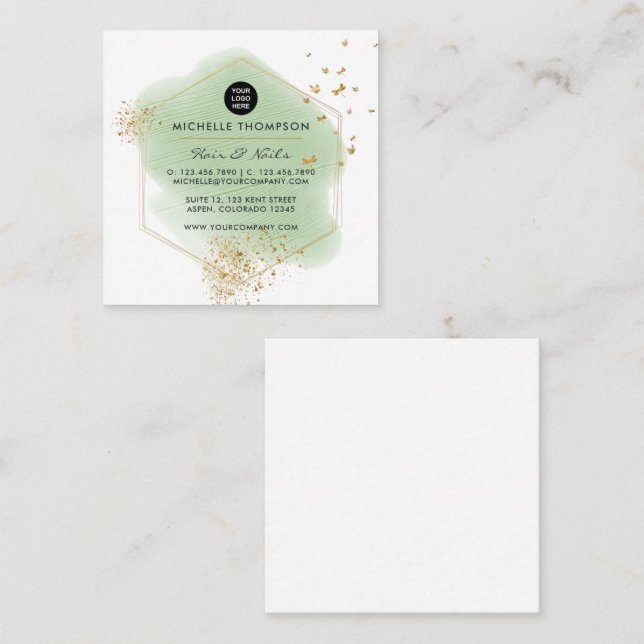 Green and Gold Brushstrokes Square Business Card (Front/Back)