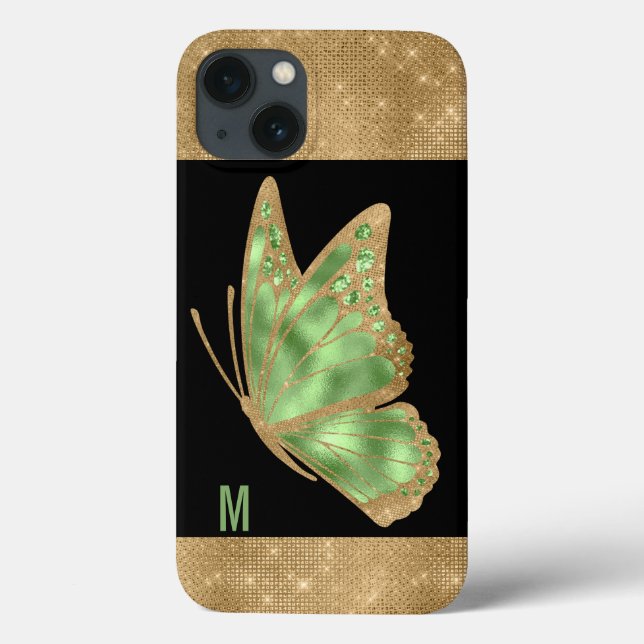 Green and Gold Butterfly Monogrammed Case-Mate iPhone Case (Back)