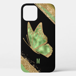 Green and Gold Butterfly Monogrammed iPhone 12 Case