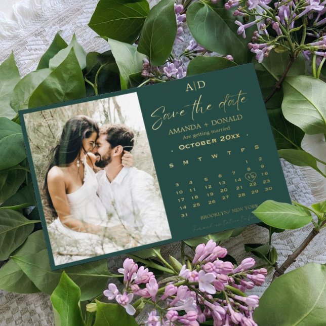 Green and Gold Calendar Wedding Save the date Foil Invitation (Creator Uploaded)