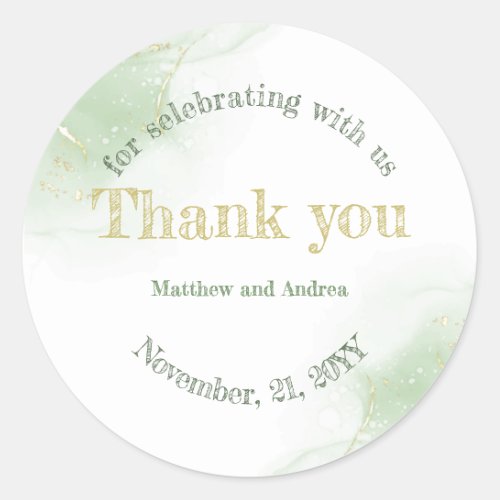 Green and Gold Calligraphy Wedding Thank you Classic Round Sticker