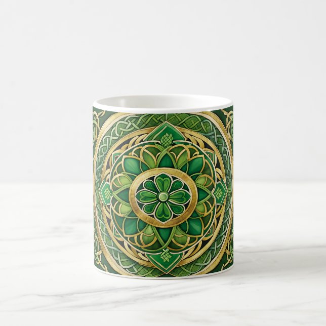 Green and Gold Celtic Knots & Stylized Flowers Coffee Mug (Center)